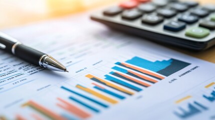 Fototapete - a close-up of a financial report with graphs and charts, showing trends and analysis, laid out on a 