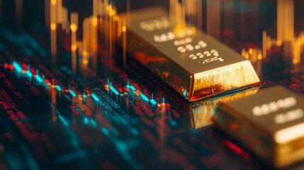 Leinwandbilder - A close-up of a gold bar with a background of a financial graph showing historic gold price trends, combining tangible assets with market analysis.