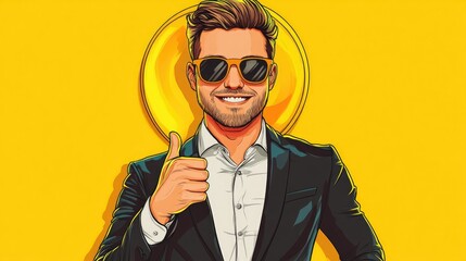 Cartoon style portrait of a cheerful young man in sunglasses and office attire giving a thumbs up while holding a rubber ring set against a bright yellow background