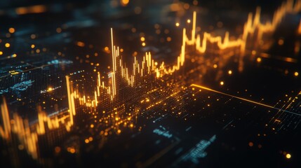 Poster - A close-up of a gold price chart with candlestick patterns and indicators, featuring golden bars and trend lines against a professional, dark background.
