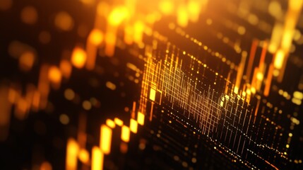 Poster - A close-up of a gold price chart with candlestick patterns and indicators, featuring golden bars and trend lines against a professional, dark background.