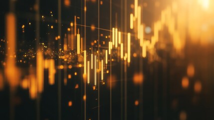 Poster - A close-up of a gold price chart with candlestick patterns and indicators, featuring golden bars and trend lines against a professional, dark background.