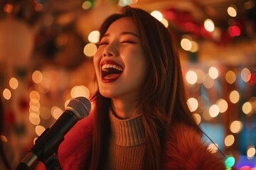 Wall Mural - A woman is singing into a microphone with a smile on her face