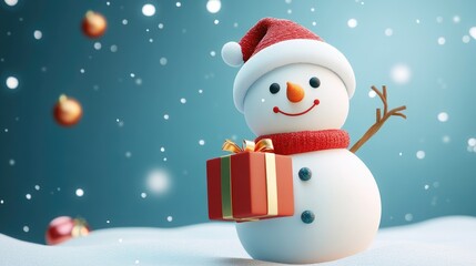 Wall Mural - 2D cartoon style snowman holding a gift