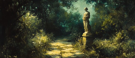 Classic Greek garden scene with a statue in oil painting