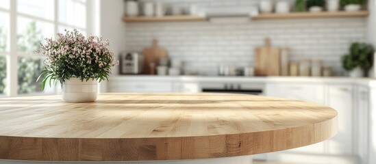 Poster - 3D rendering of an empty beautiful round wooden tabletop counter set against a clean and bright kitchen interior ideal for display and product montage