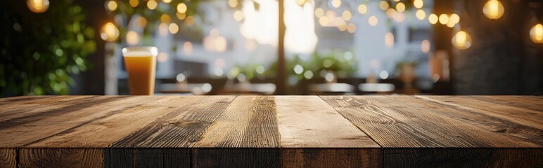 Poster - 3D rendering of an empty brown wooden table with a blurred coffee shop or restaurant background featuring bokeh effects ideal for photomontage or product display