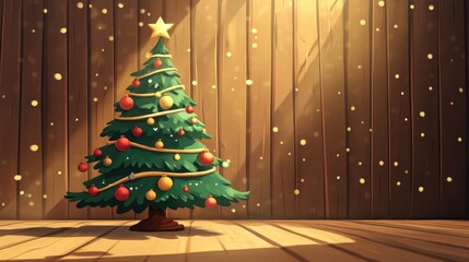 Wall Mural - 2D cartoon style Christmas tree decoration set against a wooden backdrop