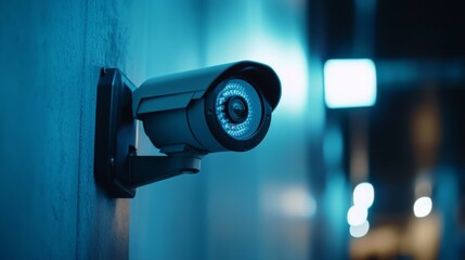 Aufkleber - A close-up of a modern CCTV camera mounted on a wall, with a clear view of its lens and protective housing, highlighting security features in a well-lit environment.