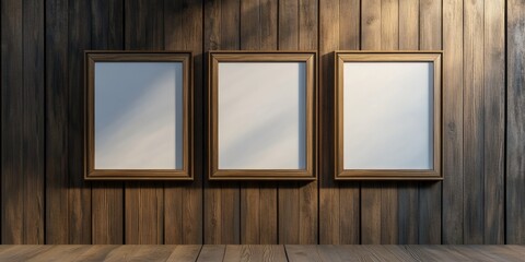 Poster - 3D rendering of a photo frame set against a wooden background