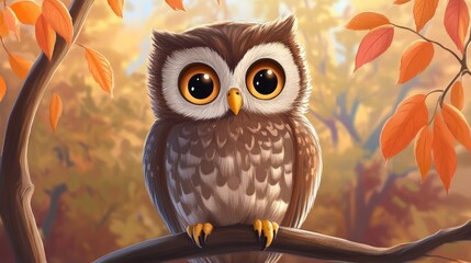 Sticker - Charming animated illustration of a cute owl in a 2D cartoon style featuring an engaging owl portrait