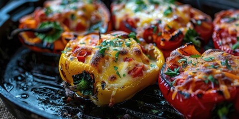 Wall Mural - Stuffed sweet peppers grilled to perfection, topped with flavorful melted cheese.