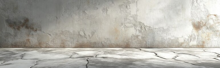 Poster - 3D rendering of a cracked old wall with a dirty white and gray cement floor