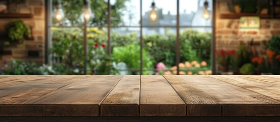 Poster - 3D rendering of a wooden tabletop with a blurred kitchen background featuring a country style design and large windows showcasing a garden
