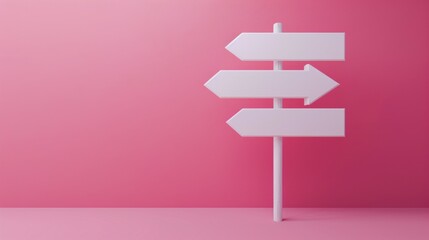 3D rendering of a white road sign with three arrows on a pink background