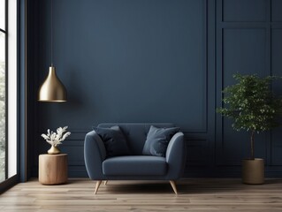 Wall Mural - Modern Living Room Interior with Blue Walls and a Velvet Armchair