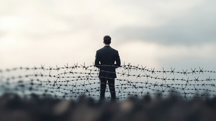 A man stands by barbed wire, gazing into the distance, representing separation, struggle, and introspection against a dramatic sky.