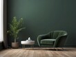 © Basileus - Green Velvet Armchair with Side Table and Plant in a Minimalist Living Room