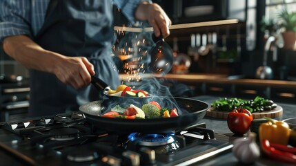 A chef in a modern kitchen skillfully tossing vegetables in a pan over a gas flame, with steam rising and ingredients beautifully arranged, captured in realistic daylight.