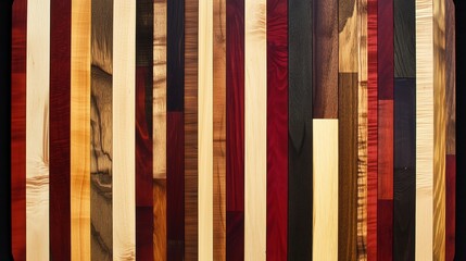 Wall Mural - A vibrant wooden surface featuring a variety of wood types and colors arranged in vertical stripes. The rich textures and hues create a visually appealing pattern.