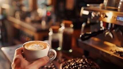 A close-up of a barista's hand holding a latte art coffee cup, with an espresso machine and a jar of roasted coffee beans in the background, captured in warm daylight.