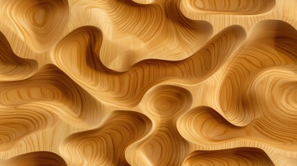 Wall Mural - A textured wooden surface with smooth, flowing curves and waves, showcasing natural wood grain patterns. The warm tones of the wood create an inviting and organic feel.