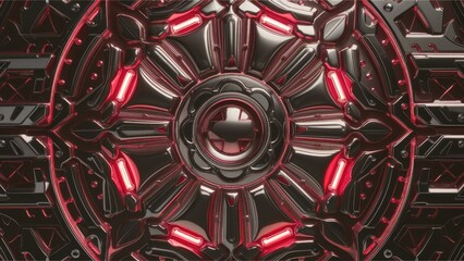 Poster - Intricate metallic pattern with illuminated red accents. 3D illustration.