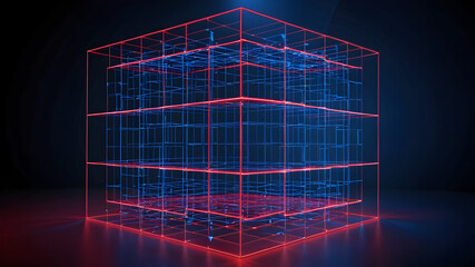 Laser grid lights forming a 3D cube, intense red and blue colors, high-tech futuristic stage design