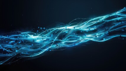 Poster - Mesmerizing blue digital particles flow across a dark backdrop, evoking a dynamic and futuristic ambiance.