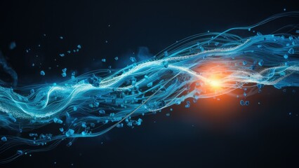 Poster - Mesmerizing blue digital particles flow across a dark backdrop, evoking a dynamic and futuristic ambiance.