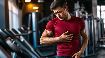 240805 184. A man touching painful abdomen at gym equipment area. Abdominal wall affected due to diastasis recti and prolonged intense abdominal exercises longtime. Health and medical concept