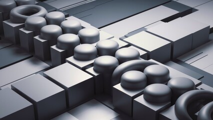 Poster - Modern abstract background with gray and white tones featuring geometric round shapes in a long block design. 3D rendering.