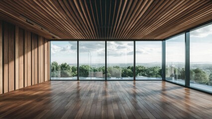 Wall Mural -  Modern empty interior featuring a wooden slat ceiling and hardwood floor with a panoramic window. 3D rendering.