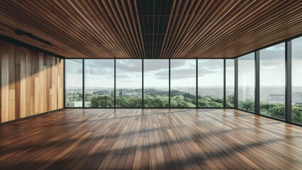 Wall Mural -  Modern empty interior featuring a wooden slat ceiling and hardwood floor with a panoramic window. 3D rendering.