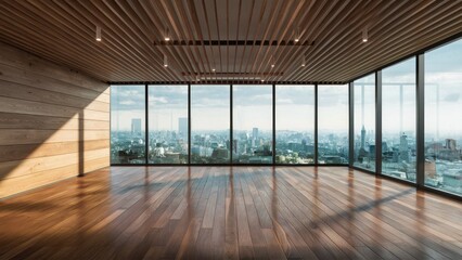 Poster -  Modern empty interior featuring a wooden slat ceiling and hardwood floor with a panoramic window. 3D rendering.