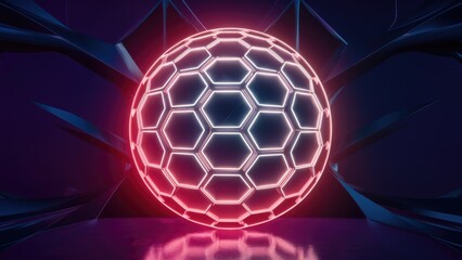 Poster - Neon Glowing Abstract Hexagonal Sphere - 3D Rendering and Illustration