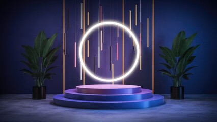 Poster - Neon Podium Lighting with Laser Effects in a Modern Style