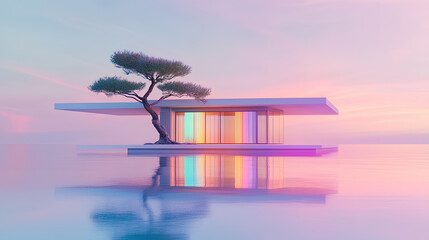 Wall Mural - bonsai trees and modern houses in the middle of a calm sea of ​​colored light