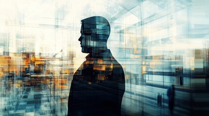 Poster - Silhouette of a Person Reflected in a Cityscape of Windows