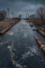 Wall Mural - Polluted river flowing from industrial area with smoking chimneys