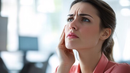 Wall Mural - 240805 198. A woman with swollen chin in office meeting room. Mental region inflamed due to osteonecrosis and excessive jaw clenching longtime. Health and medical concept isolated on white