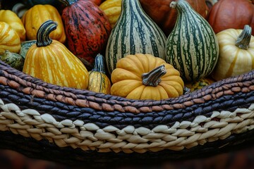 Sticker - A colorful assortment of autumn gourds and pumpkins in a woven basket during the fall season