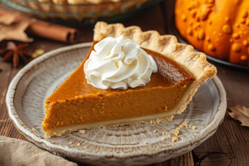 Slice of traditional pumpkin pie for Thanksgiving dinner, topped with whipped cream