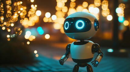 A futuristic robot stands illuminated by twinkling lights at night in an urban setting, showcasing a blend of technology and holiday cheer