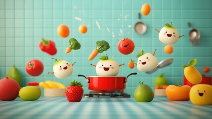 Whimsical vegetables and fruits joyfully cooking in a bright kitchen, creating a fun and vibrant culinary scene.