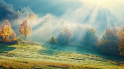 Wall Mural - morning light filters through misty trees in a serene autumn landscape at dawn