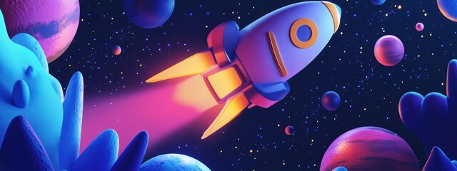 Aufkleber - Space pattern featuring planets and a rocket in a 3D cartoon rendering