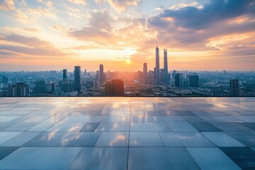 Empty floor and modern city skyline with building at sunset in Suzhou, Jiangsu Province, China. high angle view , ai