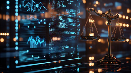 A digital representation of justice with scales balancing amidst a backdrop of data analytics and financial graphs in a modern setting