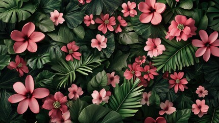 Wall Mural - Botanical beauty: A lush floral backdrop with pink blooms and green leaves